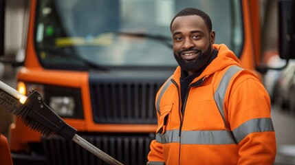 Wall Mural - Portrait of urban sanitation worker beside sleek street sweeper machine