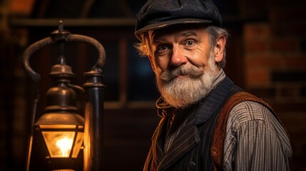 Canvas Print - Portrait of determined chimney sweep emerging from old-world chimney illuminated by warm light of gas lamps