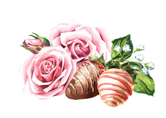 Rose flowers and Sweet  strawberries in glaze dipped in white and milk chocolate. Hand drawn watercolor illustration isolated on white background