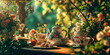 Spring tea party, background with a charming tea party surrounded by blooming flowers and greenery. Generative AI