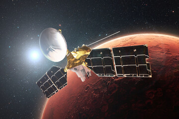 Poster - Technological satellite flies in orbit of the red planet Mars. Exploring the planet Mars. Surface of Mars with craters in stellar space with the sun. Mars Reconnaissance Orbiter