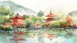 Gentle watercolor tones capture a tranquil scene with a pagoda perched by a misty lake, surrounded by a lush landscape reflecting on calm waters