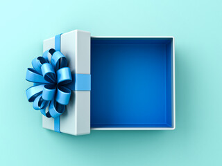 Aufkleber - Blank open white gift box with blue bottom inside or top view of opened present box with blue ribbon and bow isolated on light blue pastel color or cyan background minimal concepts 3D rendering