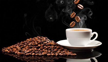 Wall Mural - Coffee Beans and Cup on a Black Background