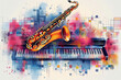 Abstract poster art for a jazz music performance with a saxophone and a piano.