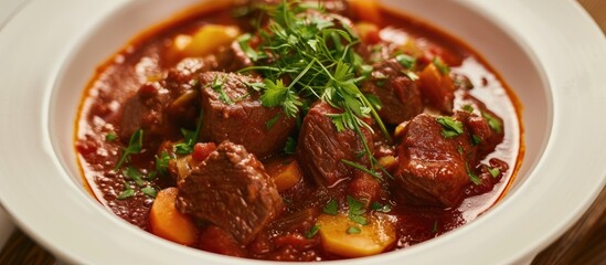 Poster - A close-up view of a bowl filled with deliciously fresh beef goulash, featuring chunks of tender meat and an assortment of colorful vegetables. The stew is rich, hearty, and full of flavor.