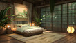 Zen-inspired bedroom with a low platform bed, Japanese shoji screens, and a bamboo floor mat.