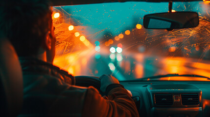 a man driving a car on urban street in teal and orange tones, city and traffic concept