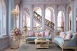 Glamorous Neo-Victorian Living Room: Pastel Couches & Ornate Decorations Showcase