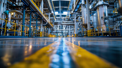 Wall Mural - Low angle view of a modern industrial facility interior with metal structures, piping, and shiny equipment.