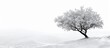 A single tree stands in the center of a vast snowy field, its branches stark against the white landscape. The tree, stripped of leaves, appears resilient in the harsh winter environment.