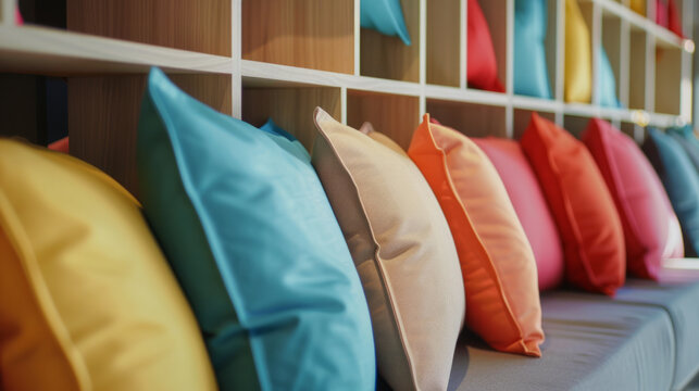 Comfortable colorful fabric cushions on modern store shelves.