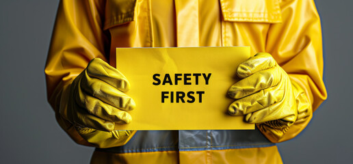 Workman hands with gloves showing Safety First Sign.