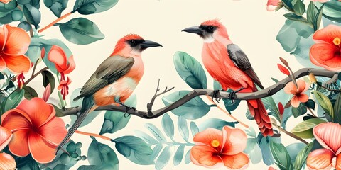 Wall Mural - Exotic watercolor illustrations of birds animals and plants in a pastel pattern seamless background. Concept Watercolor Illustrations, Exotic Animals, Pastel Pattern, Seamless Background