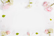 Festive flower composition on white background. Overhead view, flat lay, frame