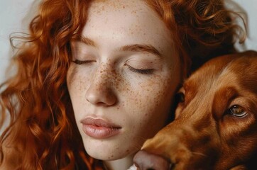 Wall Mural - studio fashion shot of natural beauty red haired perfect skin girl with Irish setter