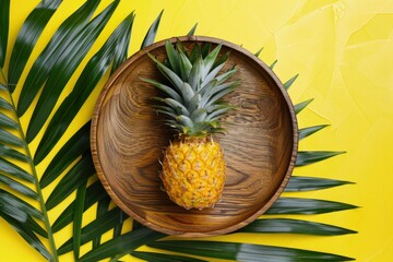  Yellow background with palm leaves and wooden plate with pineapple, tropical background.