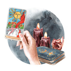 Tarot reader or fortune teller cards concept. Hand drawn watercolor illustration isolated on white background