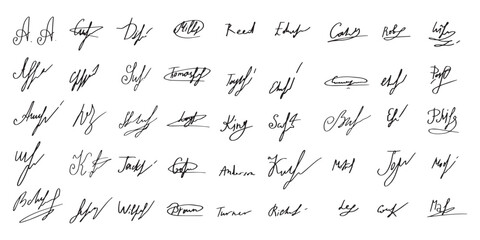 Set of handwritten signatures. Fake signatures for a business contract. Handwriting autograph set. Personal fictional signature calligraphy inscription. Write an imaginary document name. Vector illust