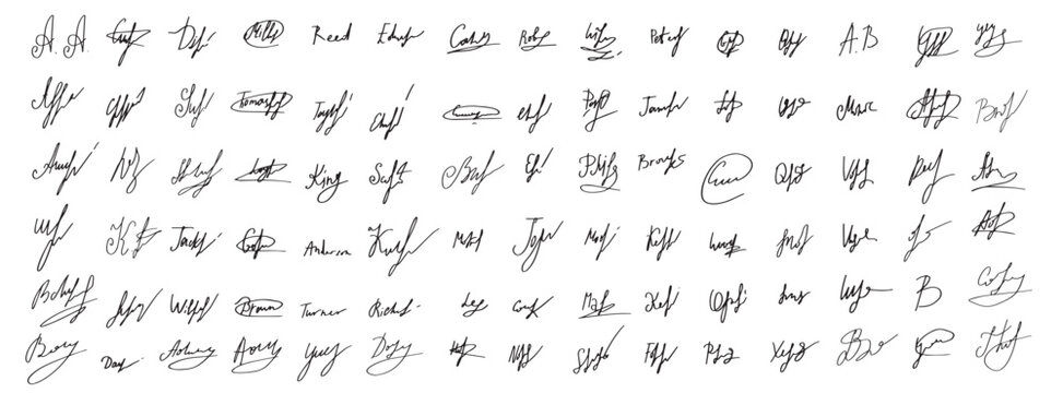 set of handwritten signatures. fake signatures for a business contract. handwriting autograph set. p