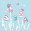Happy Easter banner, poster, greeting card. Trendy Easter design with typography, flowers, eggs in pastel colors. Modern minimalist style