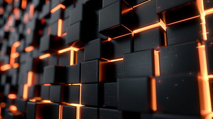Poster - abstract background neon glowing lights and black cubes , futuristic technology wallpaper, digital cyber tech backdrop