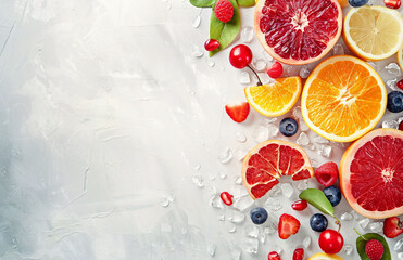 Wall Mural - Citrus and Berries Array with Fresh Water Droplets