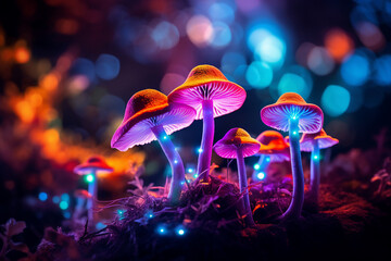 Poster - Colorful generative ai collage of bright glossy mushrooms in night magical woods