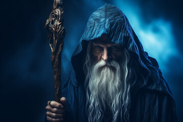 Wall Mural - digital generative ai collage image of old wise wizard using wand doing spell