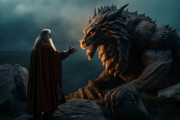 Wall Mural - digital generative ai collage picture of wizard fight own dangerous dragon with powerful magical pow