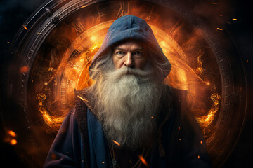 Wall Mural - digital generative ai collage image of wise wizard doing burning ritual spell