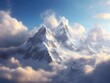 An image of a stunning snowy mountain rising above the clouds, its peaks sparkling with sunlight and clouds flowing around it in an enchanting manner.