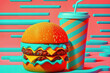 Stylized Cheeseburger and Soda Cup on Abstract Background