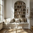 A cozy white reading corner with built-in bookshelves and a window seat, featuring an empty text frame for labeling book genres or favorite authors, cosy modern home interior, whit