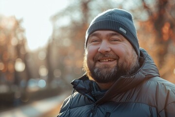 Wall Mural - Overweight man smiles and jogs to maintain his health and lose weight from obesity in the park.