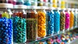 A shelf filled with colorful pills and capsules in glass jars, AI