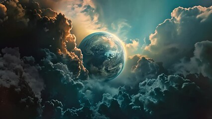 a surreal artwork of earth suspended in a dramatic sky