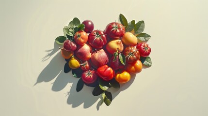 Vegetables and fruits in the shape of a heart on white background. Concept of healthy eating, vegetarianism, health care, health day