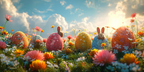 Wall Mural - Easter Bunny with Colorful Eggs in Nature - Happy Easter