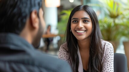 Wall Mural - Smiling woman engaging in conversation at a table