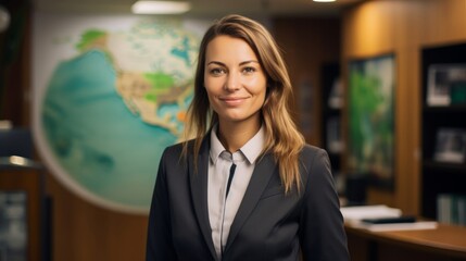 Canvas Print - Tourism technician in professional attire at travel agency