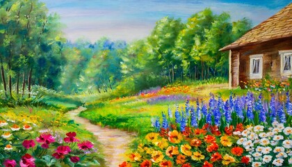 Wall Mural - oil painting landscape garden near the house colorful flowers summer forest