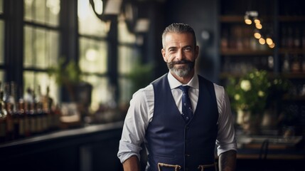 Canvas Print - Portrait of mixologist in 40s with suspenders holding cocktail shaker