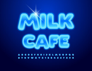 Wall Mural - Vector neon Banner Milk Cafe. Glowing cool Font. Bright Electric Alphabet Letters and Numbers set. 