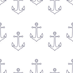Wall Mural - Dark blue line anchors on white background vector seamless pattern. Marine boyish theme. Best for childish textile, print, wallpapers, and nursery decoration.