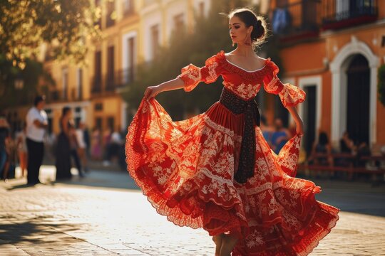 Beautiful female flamenco dancer in traditional dance dress. Young woman dancing flamenco on oldtown square. Flamenco is traditional Seville dance in Spain, Generative AI