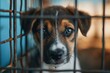 Stray homeless dog in animal shelter cage. Sad abandoned hungry puppy found the street waiting for owner. Pets adoption, rescue, help for pets, Generative AI