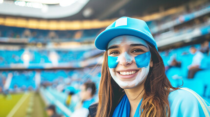 Argentinian young woman football fans celebrating their team's victory at stadium. AI Generative.