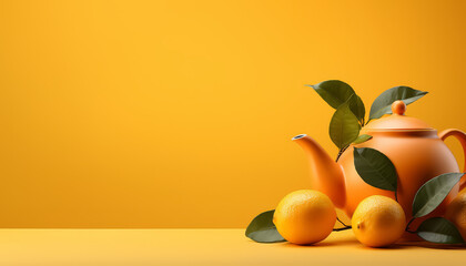 Ceramic teapot with tea and lemon with orange on yellow background