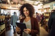© ORG - Beautiful woman holds tablet in wine market in supermarket